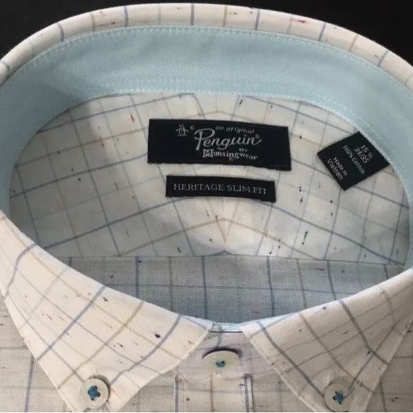 Original Penguin Mens Heritage Slim Fit White Plaid Long Sleeve shirt Size 15.5 - Picture 6 of 8
